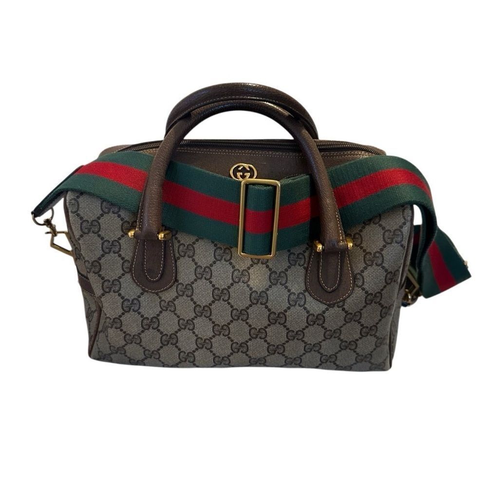 Gucci Brown Leather Satchel With Monogram Canvas